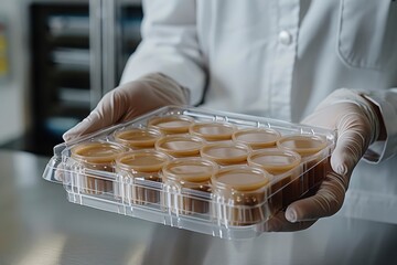 hands in gloves hold an open transparent plastic tray with six small dishes filled with beige material of artificial skin grown in test tube.