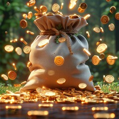 Poster - 3D cartoon, simple wooden money bag with gold coins floating around it.