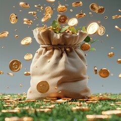 Poster - 3D cartoon, simple wooden money bag with gold coins floating around it.