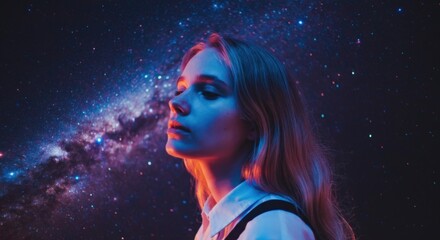 Wall Mural - ethereal woman with cosmic galaxy projection