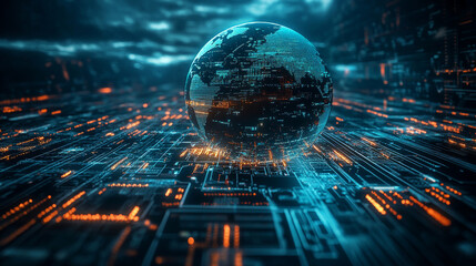 A futuristic scene with a glowing Earth surrounded by circuit boards and technology. This image represents the global reach and impact of modern technology.