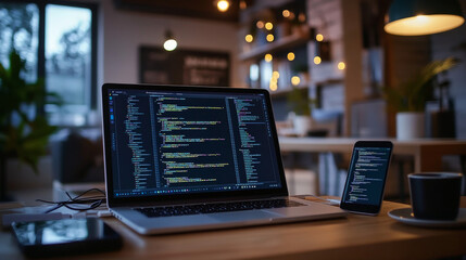 Wall Mural - creating software for phones and tablets. a laptop, phone, and tablet are on a table. the screen sho