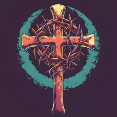 illustration of a wooden cross wrapped in a crown of thorns, symbolizing sacrifice, faith, and redemption. perfect for religious-themed designs, Christian faith, or representations.