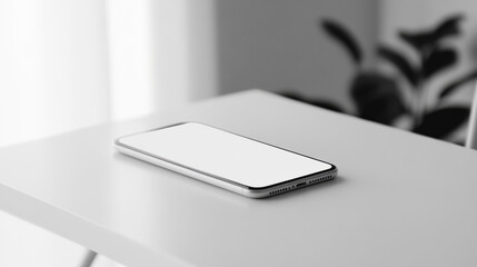 Wall Mural - a phone sits on a white table, showing a blank chat screen. it's ready for you to imagine messages o