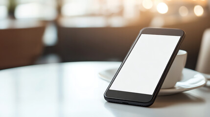 Wall Mural - a phone sits on a white table, showing a blank chat screen. it's ready for you to imagine messages o