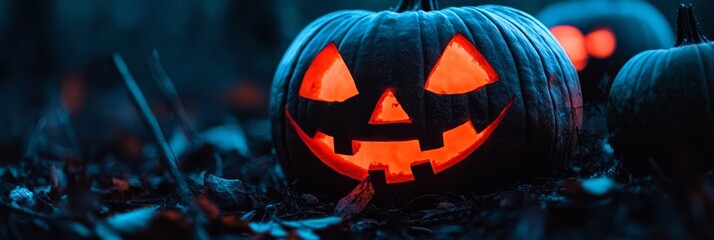  A couple of jack-o-lanterns atop a leaf pile in a grassy field