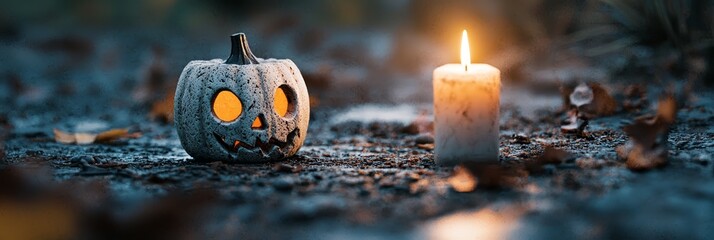 Wall Mural -  Two white candles placeed side by side on dirt, adjacent to a jack-o-lantern