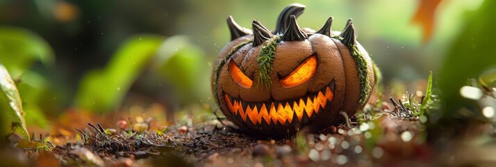 Poster -  A carved pumpkin in the grass, sporting spiky heads instead of a stem and aglow with radiant eye sockets, under the sun