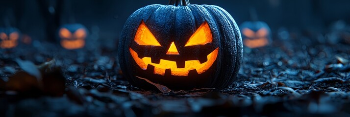 Canvas Print -  A jack-o-lantern pumpkin glows in the dark, surrounded by illuminated jack-o-lanterns in the background