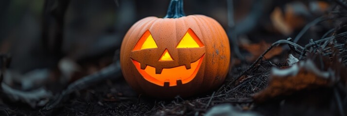 Poster -  A jack-o-lantern carved from pumpkin, radiant in a forest's heart, surrounded by fallen leaves