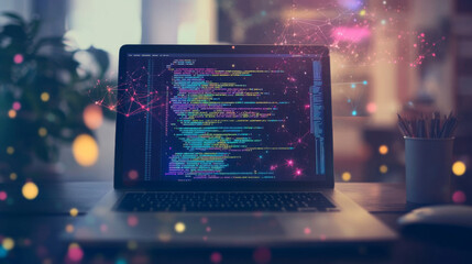 Wall Mural - a laptop with its screen open sits on a desk. the screen shows code, and there are colorful geometri