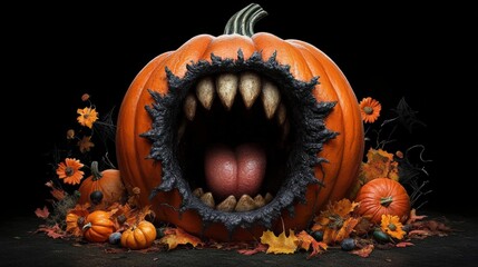 Monstrous Halloween pumpkin with sharp teeth and colorful autumn leaves, white isolate background.