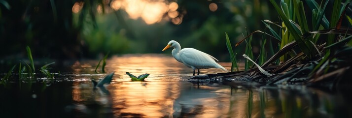  A white bird perches atop a serene body of water Nearby, a dense forest dressed in lush green grass and leaves unfurls