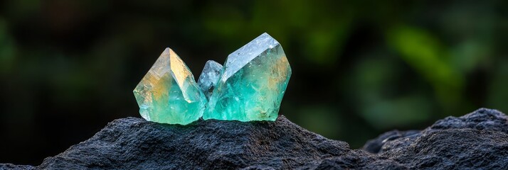 Poster -  A green and yellow glass fragment atop black stones, set against a verdant foliage backdrop