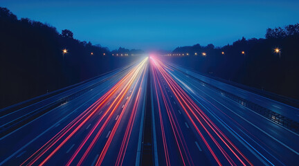 Poster - Car light trails on highway at night, blue straight.