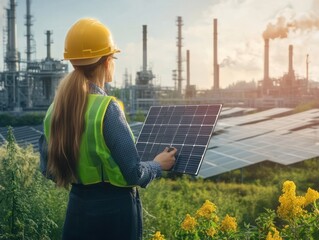 Wall Mural - a scene highlighting industry engineers with eco-friendly practices, implementing energy-efficient p