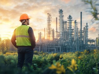 Wall Mural - a scene highlighting industry engineers with eco-friendly practices, implementing energy-efficient p