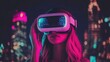 © upnowgraphics - Woman Wearing VR Headset in a Neon City at Night