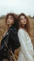 Wall Mural - Two women are posing for a photo in a field