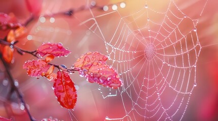 A close-up shot of a spiderweb with dew drops clinging to its intricate strands, with red autumn leaves in the foreground.