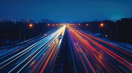 Poster - Car light trails on highway at night, blue straight.