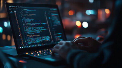 a programmer is working on a laptop, writing code to create software or websites. the screen shows l