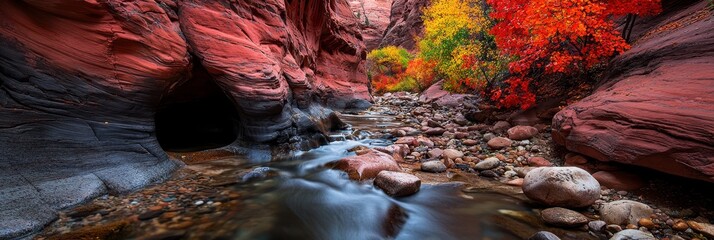 Wall Mural -  A stream winds through a canyon, red rocks lining its banks Trees with vibrant leaf colors dot the background