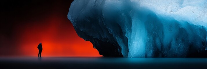 Canvas Print -  A man stands before an iceberg, backdrop of a red light atop the cliff behind him