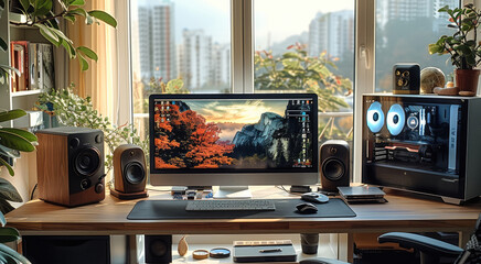 Poster - The computer desk having laptop, mouse and tech accessories.