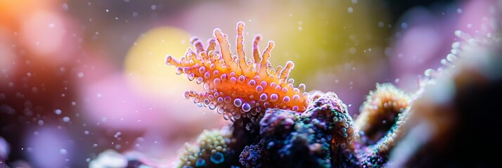  A tight shot of a sea anemone, its petals speckled with water droplets, surrounded by a softly blurred background