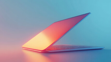 A laptop is tilted on its corner, showing the keyboard. The laptop's screen is lit up against a blue background. It represents the idea of computer technology.