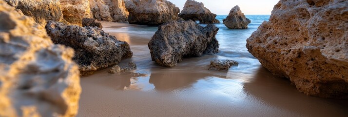  A group of rocks atop a sandy beach, adjacent to a body of water