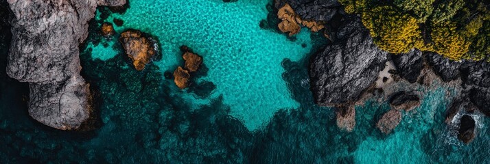 Sticker -  A bird's-eye perspective of a water body encircled by rocky coastlines and cliffs on a sunny day