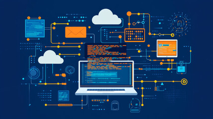 Wall Mural - this illustration shows how computers, networks, and software work together in a modern business. yo
