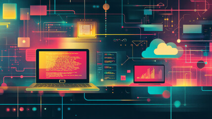 Wall Mural - this illustration shows how computers, networks, and software work together in a modern business. yo