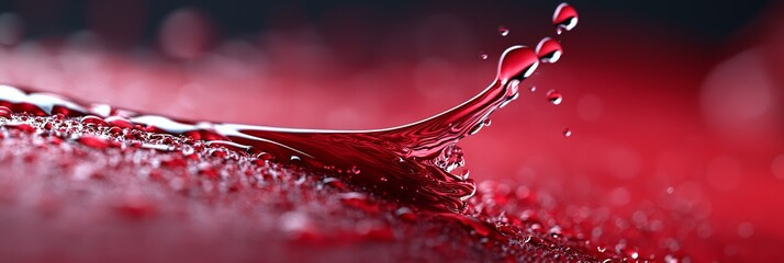 Canvas Print -  A tight shot of a water droplet on a scarlet surface, displaying smaller drops congregated at its base