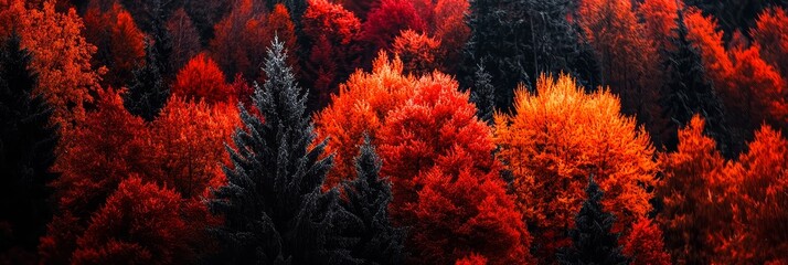 Canvas Print -  A forest densely populated with trees, their canopies blanketed in an abundance of orange and red leaves