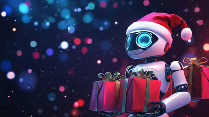 Wall Mural - A friendly robot wearing a Santa hat holds gift bags, promoting a Christmas sale in an online store. This banner is used for e-commerce and marketing.