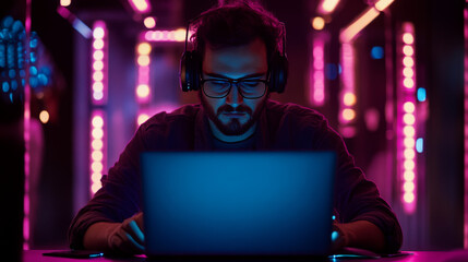 A programmer sits in a dimly lit room, working on his laptop. Neon lights cast a glow on his face as he focuses on lines of code. He's wearing a headset and glasses, intently studying the screen.