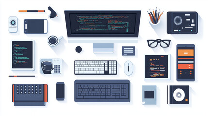 Computer programmers create software applications that work on different devices, like phones and computers. This illustration shows a modern technology workspace.