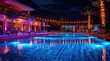 © visoot - A vibrant wedding venue by the poolside at night, featuring a dazzlingly lit-up night pool. Bright, reflecting off the shimmering surface of the water. The atmosphere is lively yet elegant.