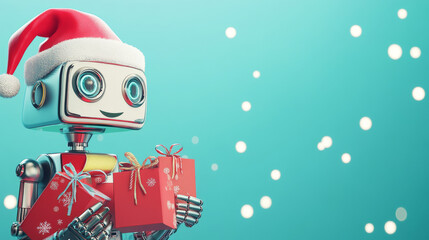 Wall Mural - A friendly robot wearing a Santa hat holds gift bags, promoting a Christmas sale in an online store. This banner is used for e-commerce and marketing.