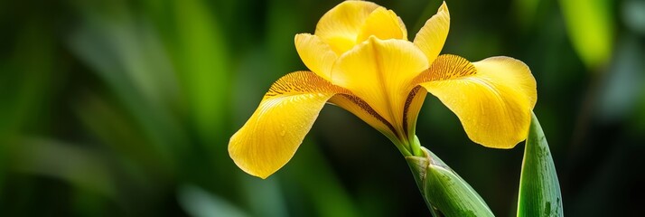  A yellow flower with green leaves in the background and a blurred grass foreground