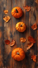 Canvas Print -  A collection of orange pumpkins atop a wooden table, surrounded by leaves on the floor