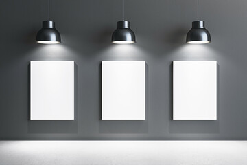 Blank white canvas mockup on a modern gallery wall with spotlight lighting. 3D Rendering