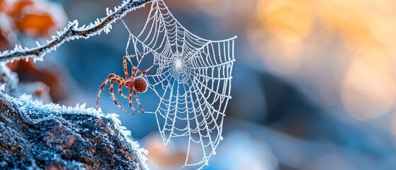 A tight shot of a spider on its web encircling a tree branch, frosted exterior glistening