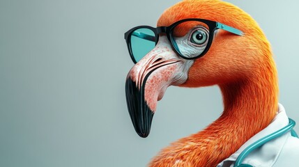 A flamingo dressed as a doctor on a plain white background; hyper realistic 8k super high quality image