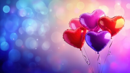 Colorful background with red and purple heart balloons symbolizing celebration and love