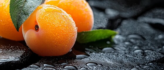 Poster -  A couple of oranges rest atop a wettable, adorned with water droplets and green foliage