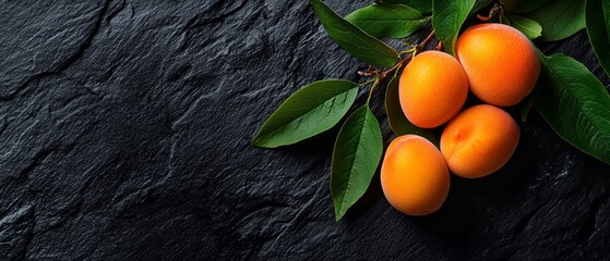 Wall Mural -  Abranch with ripe apricots nestled among green leaves, resting on a black stone surface